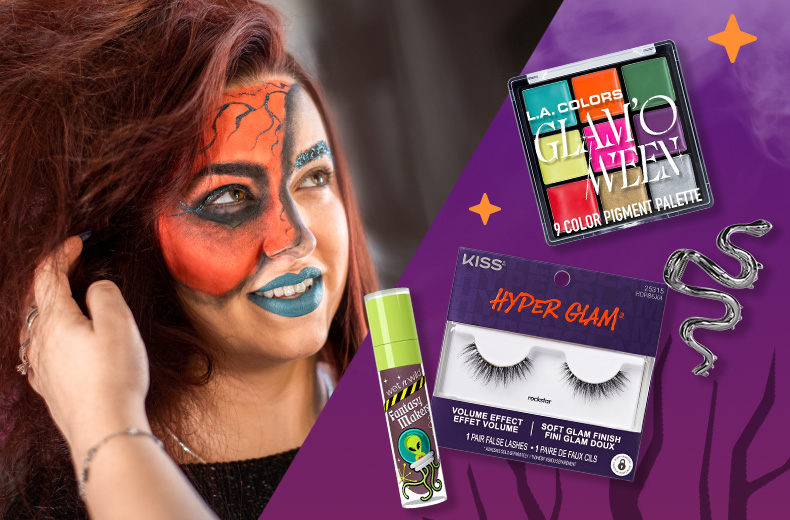 Person getting their face painted for Halloween next to KISS Hyper Glam eyelashes, L.A. Colors Glam'Oween, Fantasy Makers lip stain and a silver snake against a purple night sky