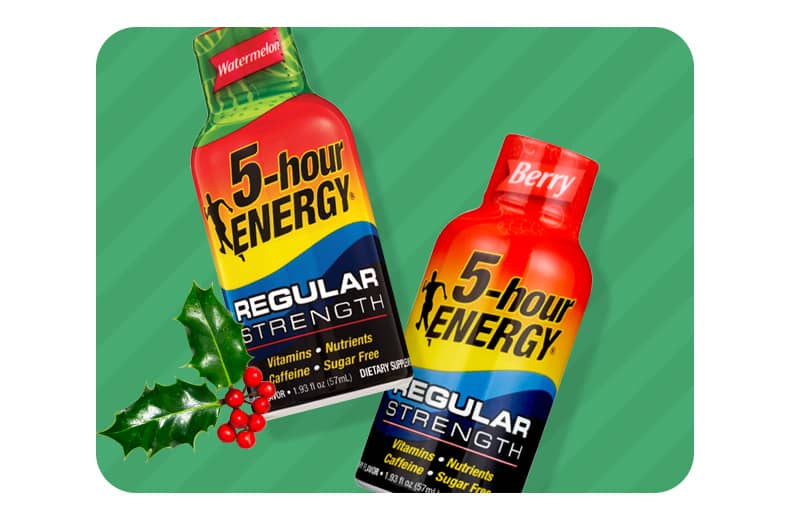 Two bottles of 5 Hour Energy Regular Strength dietary supplement drinks.