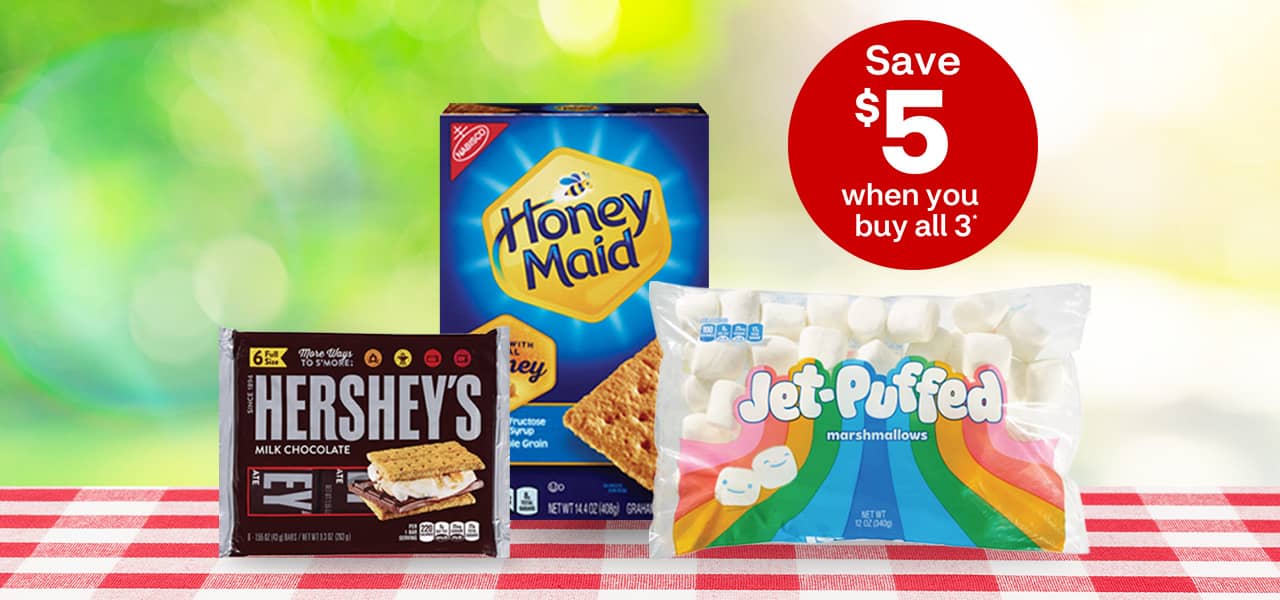 Save $5 when you buy all 3; Hershey's chocolate bars,, Honey Maid graham crackers and Jet-Puffed marshmallows.