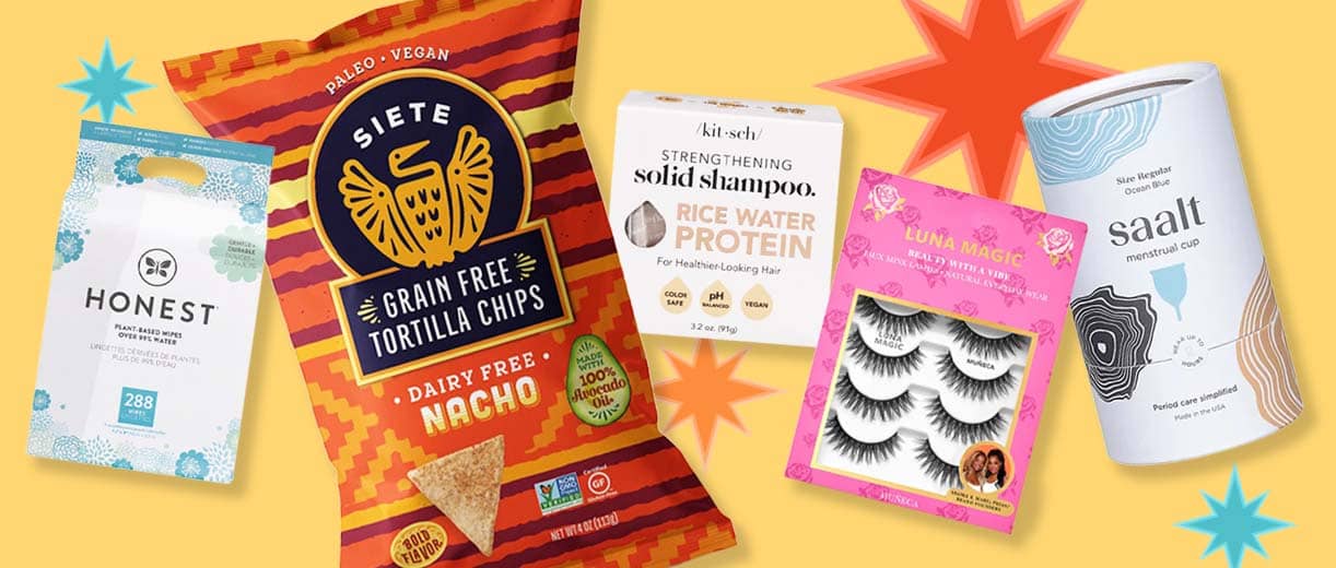 Hispanic owned or founded brands including Honest wipes, Siete tortilla chips, Kitsch shampoo, Luna Magic false eyelashes and Saalt menstrual cup.