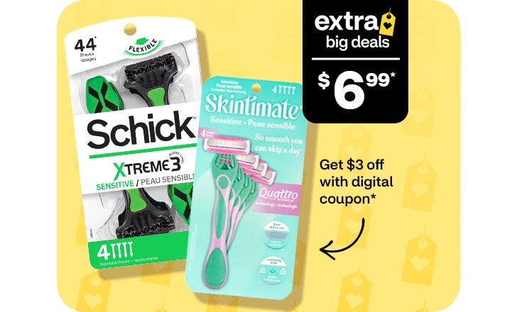 Extra Big Deals, $6.99, Get $3 off with digital coupon, Schick and Skintimate disposable razors