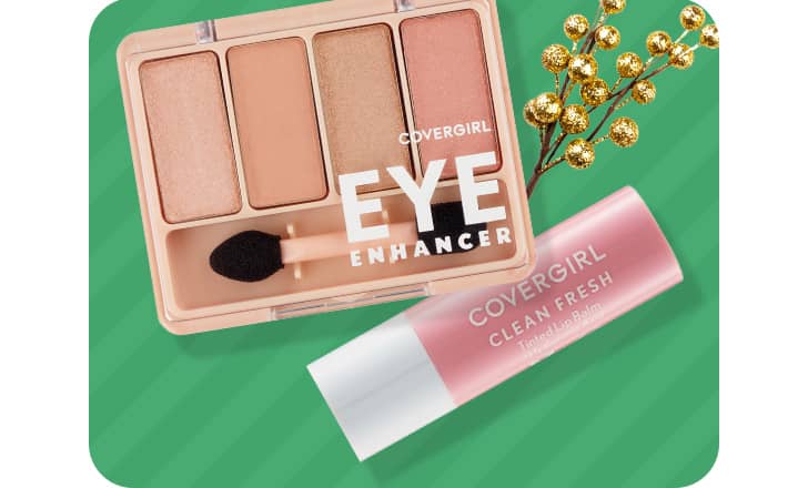 A palette of CoverGirl Eye Enhancer eyeshadow and a tube of Clean Fresh tinted lip balm.