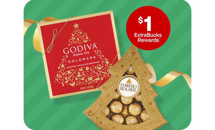 One dollar ExtraBucks Rewards, a box each of Godiva Goldmark chocolates and Ferrero Rocher candy