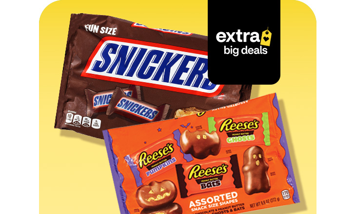 Snickers fun size and Reese's Assorted Halloween candy, extra big deals.