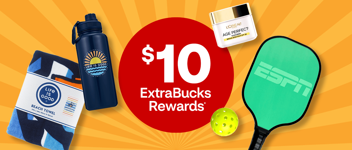$10 ExtraBucks Rewards, Life Is Good beach towel and water bottle, L'Oréal Age Perfect sunscreen and ESPN pickleball set