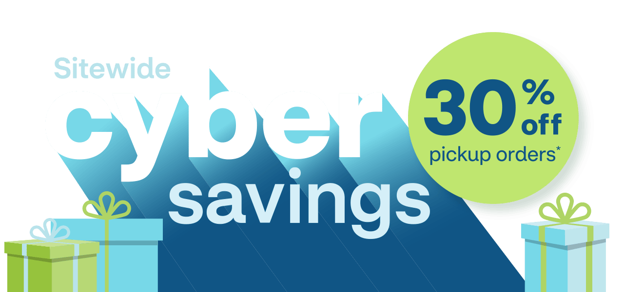 Sitewide cyber savings, 30 percent off pickup orders, illustrations of gift boxes and snowflakes