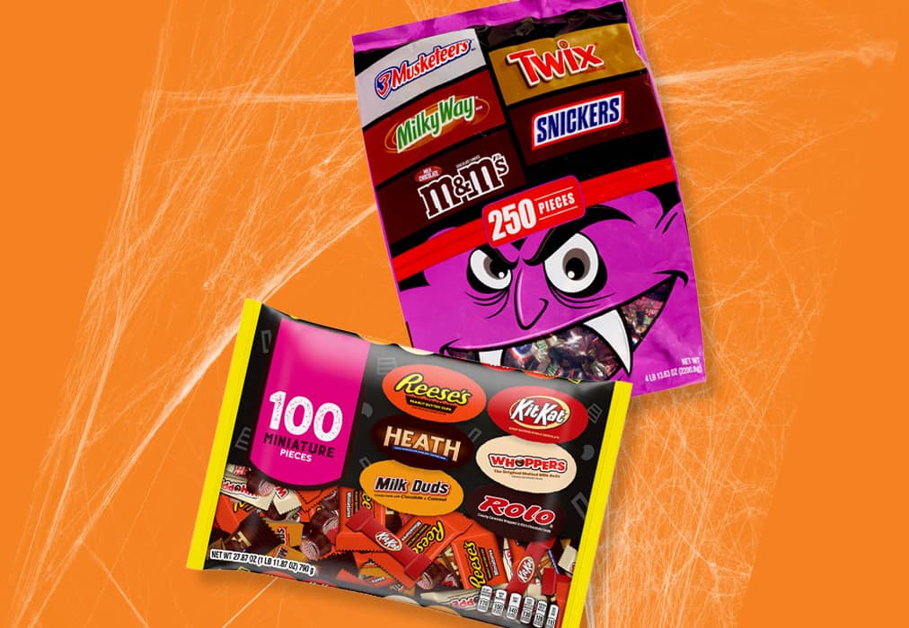 Packages of mixed Hershey's chocolate Halloween candy.