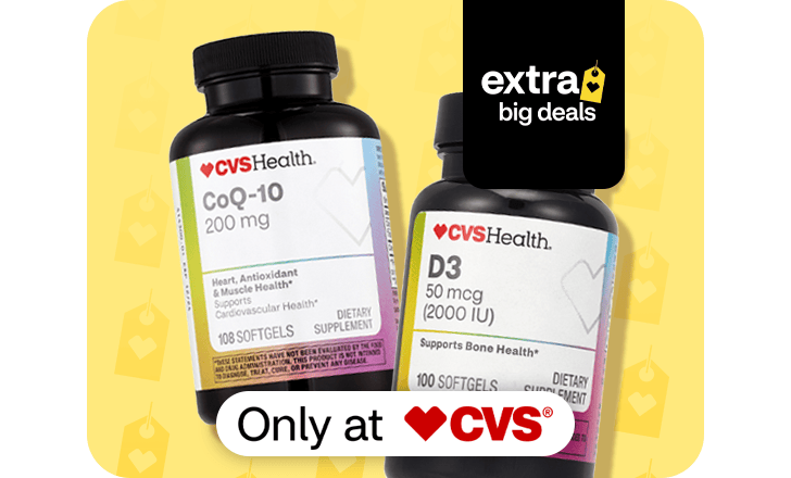 Extra big deals, a bottle each of CVS Health Co Q 10 and D 3 softgels, only at CVS