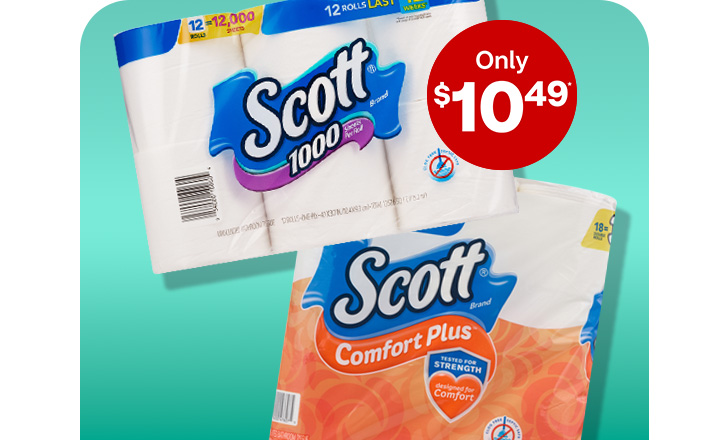 Only $10.49, Scott 1000 and Comfort Plus bathroom tissue.