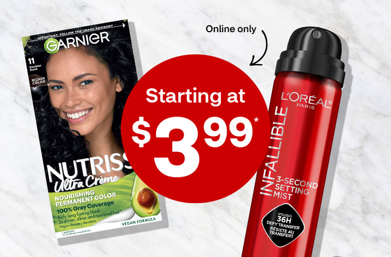 Starting at $3.99. Online only. Garnier Nutrisse hair color and L’Oréal Paris Infallible setting mist