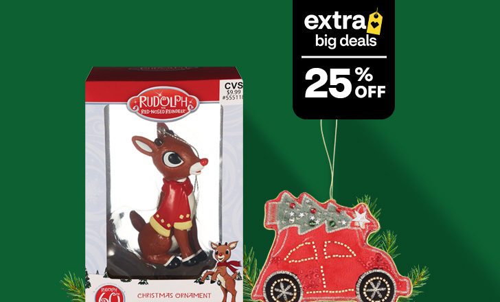VW Beetle and tree truck ornaments, and a Rudolph ornament, 25% off.