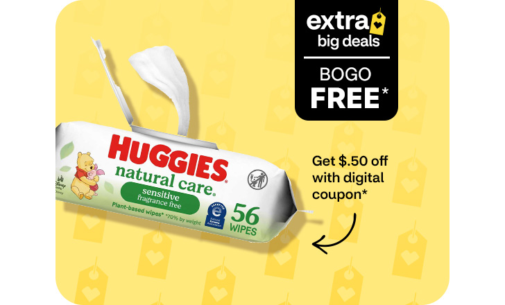 Extra Big Deals, buy 1, get 1 free. Get $.50 off with digital coupon. Huggies sensitive wipes