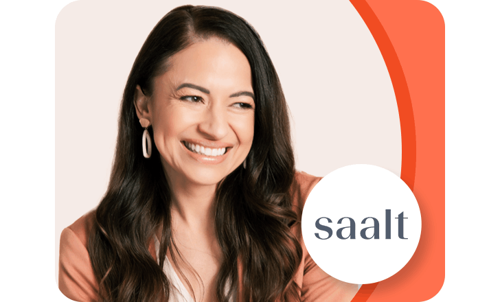 Portrait photo of Cherie Hoeger, Saalt logo.