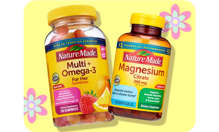 Nature Made Multi+ Omega-3 gummies and Magnesium Citrate.