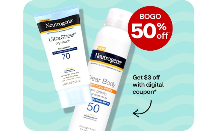Buy 1, get 1 50% off. Pague $3 menos con un cupón digital. Neutrogena Ultra Sheer and Clear Body sunscreen