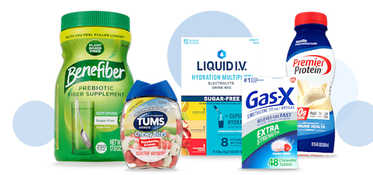 Benefiber, Tums, Liquid IV, GasX and Premier Protein products in packaging