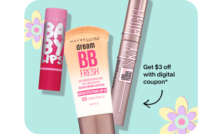 Pague $3 menos con un cupón digital. Maybelline Baby Lips lip balm, Dream BB Fresh beauty balm and Sky High Lash Sensational mascara against a pastel green background with pastel-colored flowers