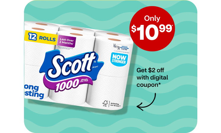 Only $10.99. Get $2 off with digital coupon. Scott toilet paper