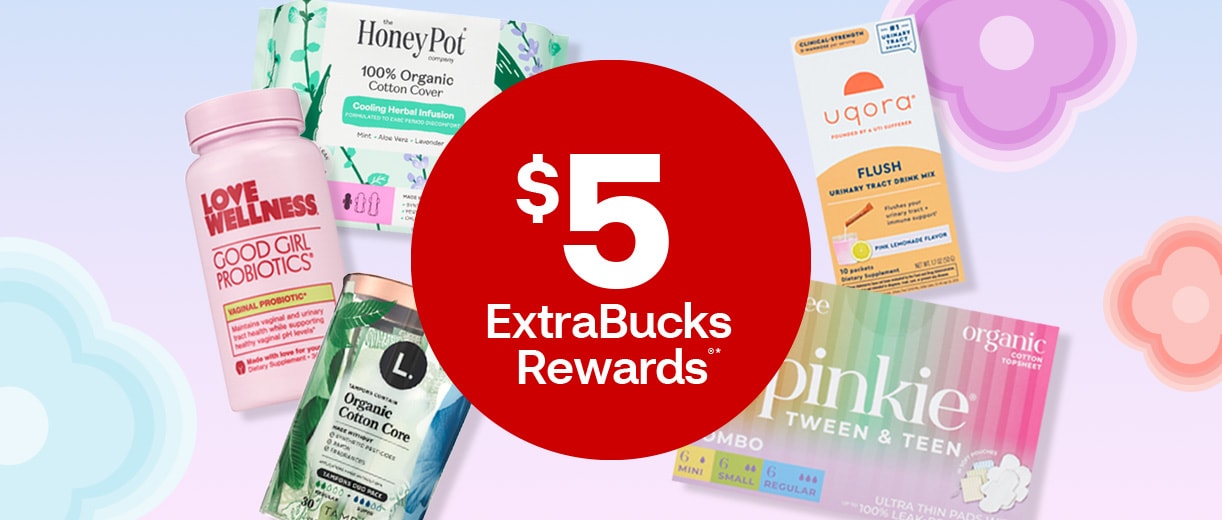 $5 en recompensas ExtraBucks Rewards. Love Wellness Good Girl Probiotics, Honey Pot Company's overnight pads, L. organic tampons, Pinkie tween and teen pads and uqora urinary tract drink mix against a blue and pink background with spring flowers