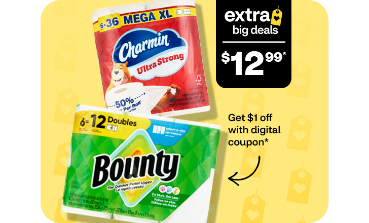 Extra Big Deals, $12.99. Pague $1 menos con un cupón digital. Charmin Ultra Strong toilet paper and Bounty paper towels