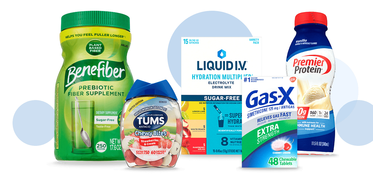 Benefiber, Tums, Liquid IV, GasX and Premier Protein products in packaging