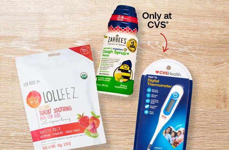 Lolleez throat soothing pops, Zarbee's Cough Syrup and CVS Health digital thermometer