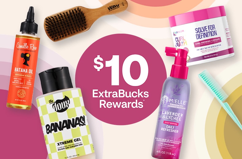 $10 ExtraBucks Rewards, Camille Rose Batana Oil, The Doux Bananas! Xtreme Gel, Mielle Lavender & Lychee hair refresher, Kaleidoscope Curl Math hair product, hair brush and comb