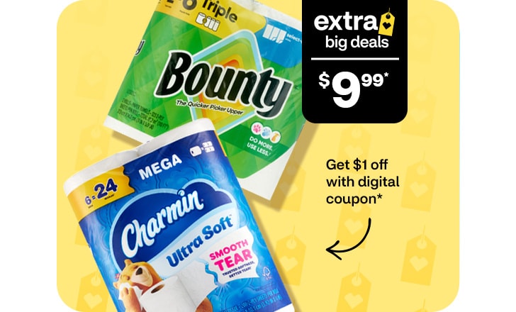 Extra Big Deals, $9.99. Pague $1 menos con un cupón digital. Bounty paper towels and Charmin toilet paper