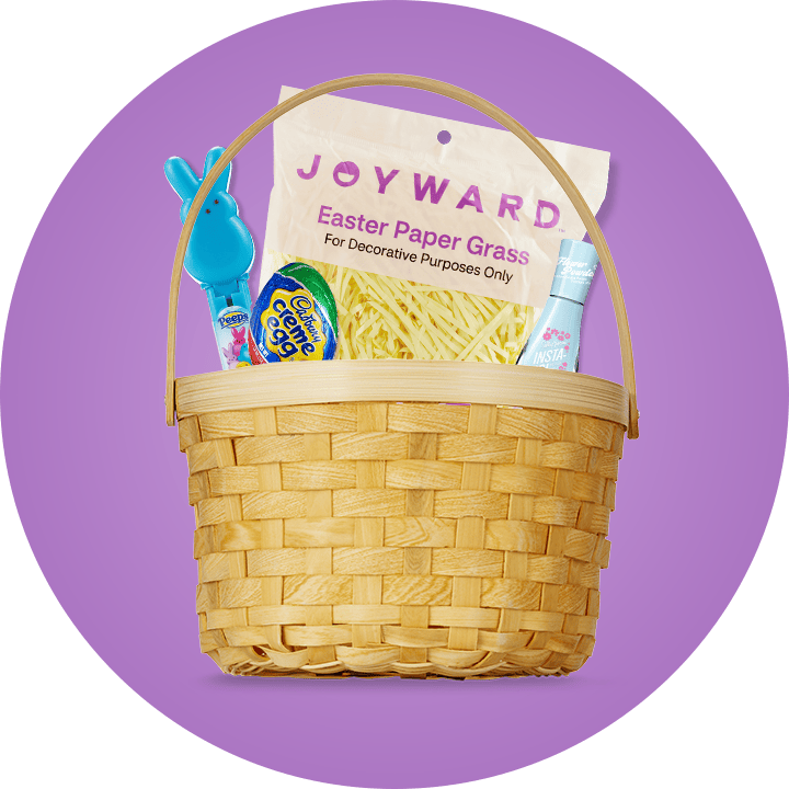 Easter basket with Joyward Easter paper grass, nail polish, a chocolate egg and a Bunny light-up toy