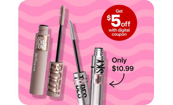 Get $5 off with digital coupon. Only $10.99. Maybelline Lash Sensational Body Volume mascara and applicator and Lash Sky High mascara with an applicator
