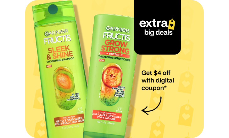 Extra Big Deals. Get $4 off with digital coupon. Garnier Fructis Sleek & Shine Shampoo and Garnier Fructis Grow Strong Conditioner
