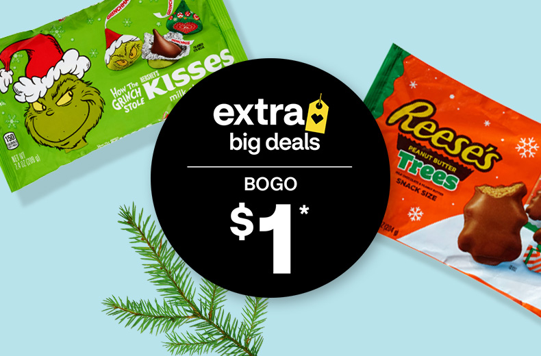 Buy one, get one for $1, a bag each of Hershey's Grinch Kisses and Reese's Trees holiday candy.