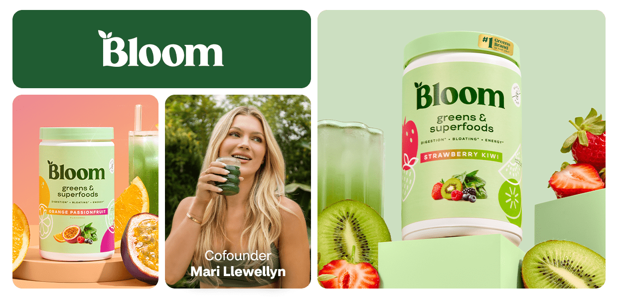 Bloom logo. Containers of Bloom Orange Passionfruit and Strawberry Kiwi products with fruit slices and drink in glass. Bloom Cofounder Mari Llewellyn sipping from a glass.