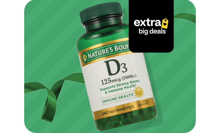 A bottle of Nature's Bounty D 3 supplements, extra big deals.