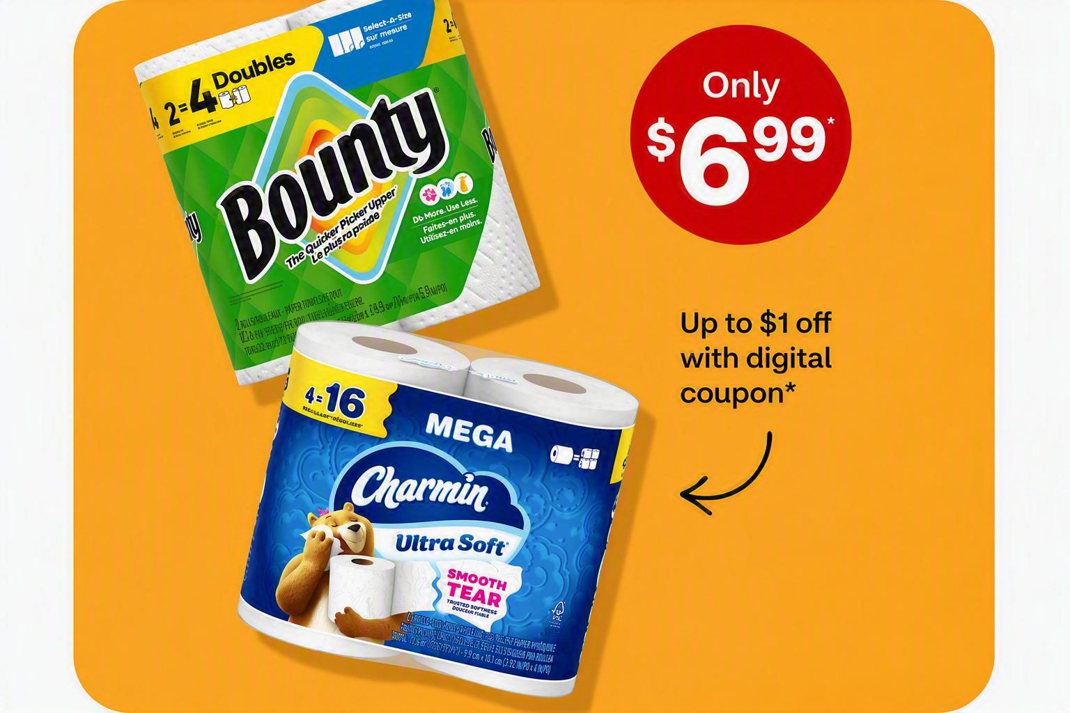 Up to $1 off with digital coupon. Charmin and Bounty against an orange background.