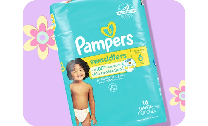 Pampers Swaddlers Diapers against a purple background with pastel-colored flowers