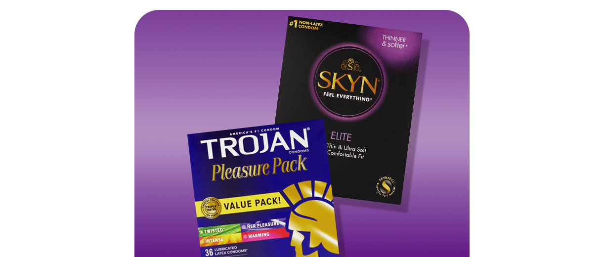 Trojan Pleasure Pack and Skyn Elite condoms.