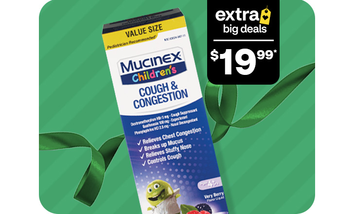 $19.99, Mucinex Children's cough and congestion value size liquid.