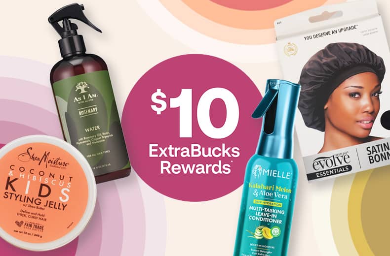 $10 ExtraBucks Rewards, black-owned or founded brands, a jar of Shea Moisture Kids styling jelly, a pump bottle of As I Am rosemary water, a bottle of Mielle leave-in conditioner and a packaged Evolve satin hair bonnet.