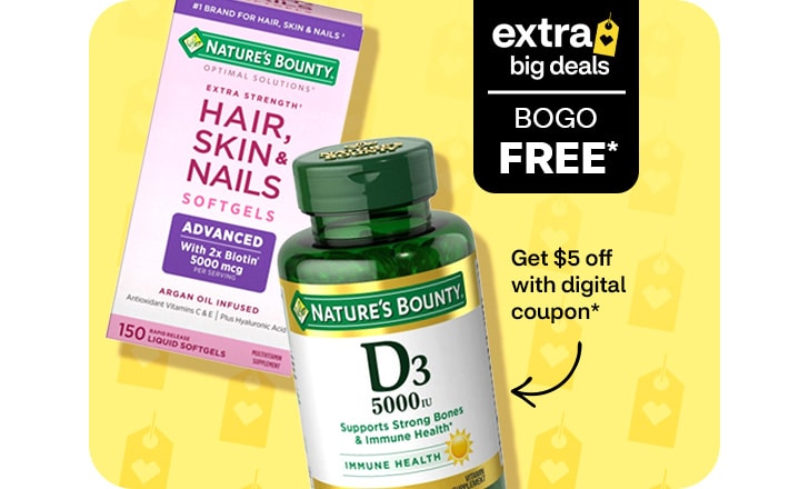 Extra Big Deals. Buy 1, get 1 free. Pague $5 menos con un cupón digital. Nature's Bounty Hair, Skin & Nails softgels and D3 immune health supplements