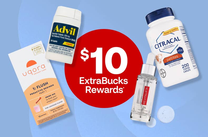 $10 ExtraBucks Rewards, Uqora urinary care product and bottles of Advil pain relief caplets, L'Oreal Paris Revitalift and Citracal calcium supplement caplets.