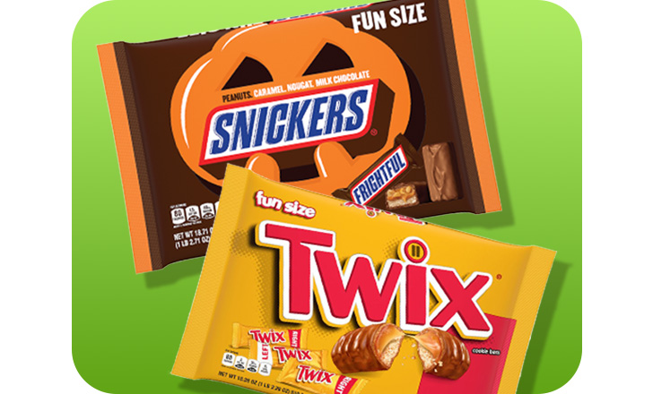 Fun size bags of Snickers and Twix Halloween candy