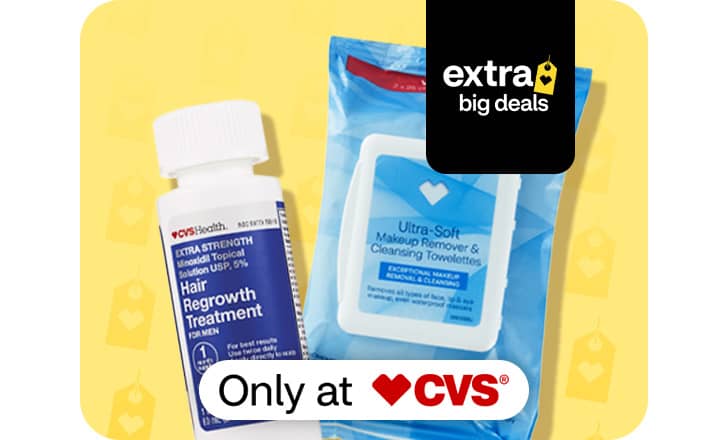 A bottle of CVS Health Hair Regrowth Treatment and a packet of CVS Health Ultra Soft cleansing towelettes, only at CVS.