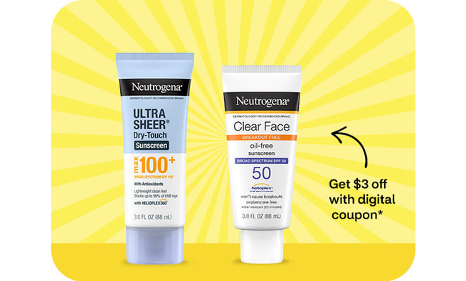 Get $3 off with digital coupon. Neutrogena Ultra Sheer and Clear Face sunscreens