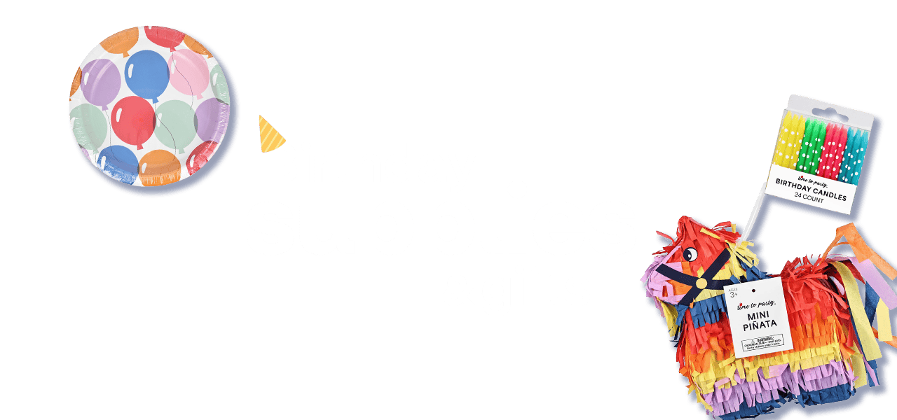 Birthday supplies and gifts, including paper plates, birthday gift bags, a piñata, birthday candles and pictograms of cupcakes, birthday hats and balloons.