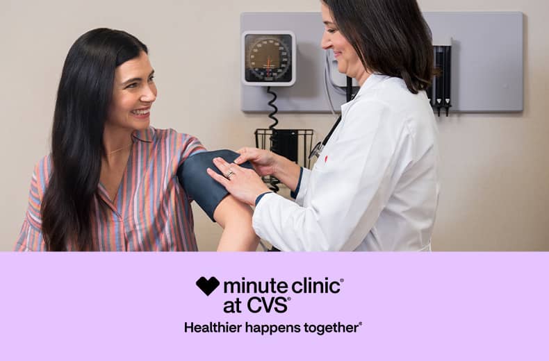 MinuteClinic at CVS, Healthier happens together. A practitioner taking a patient's blood pressure