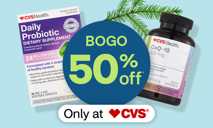 Buy one, get one 50 percent off, a box of CVS Health Daily Probiotic capsules and a bottle of CVS Health Co Q 10 supplements, only at CVS