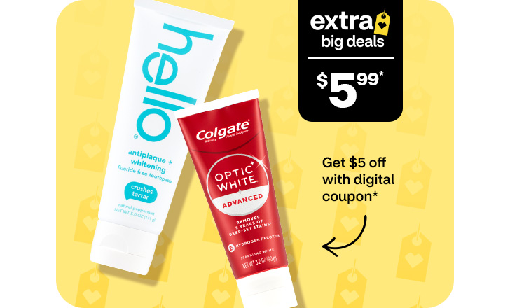 Extra Big Deals, $5.99. Get $5 off with digital coupon. Hello antiplaque and whitening toothpaste and Colgate Optic White toothpaste