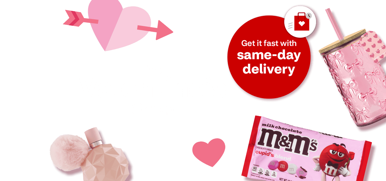 The Valentine's Shop, plush Hello Kitty toy with a heart, covered tumbler, cupid's blend M&Ms and fragrance