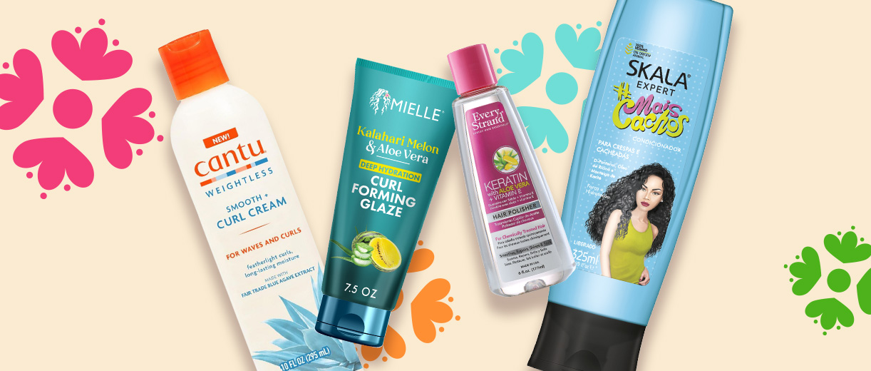 Cantu curl cream, Mielle curl foaming glaze, Every Strand Keratin hair polisher and Skala Expert Mais Cachos conditioner against a cream-colored background with decorative flower illustrations.